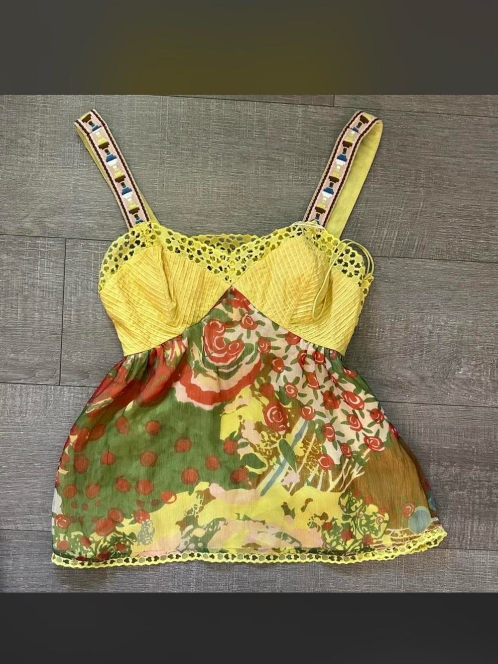 Catherine Malandrino Rare vintage yellow floral babydoll top with beaded straps
